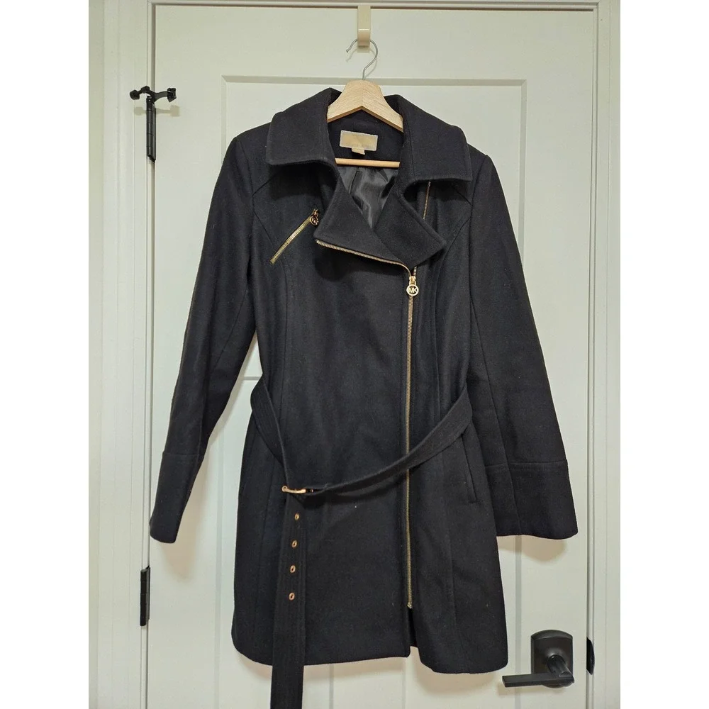 MICHAEL Michael Kors Wool Blend Coat Womens L Black Belted Moto Gold Zip